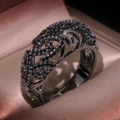 Exaggerated Personality Ring Tungsten Black Zircon Hollow Woven Pattern Retro Ring Wedding Ring Jewelry Gift Ladies Ring