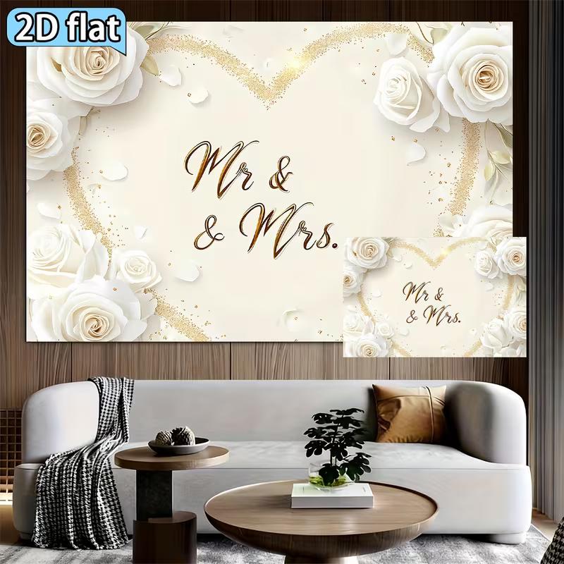 2D Flat Printing Mr & Mrs White Rose Background Cloth for Wedding