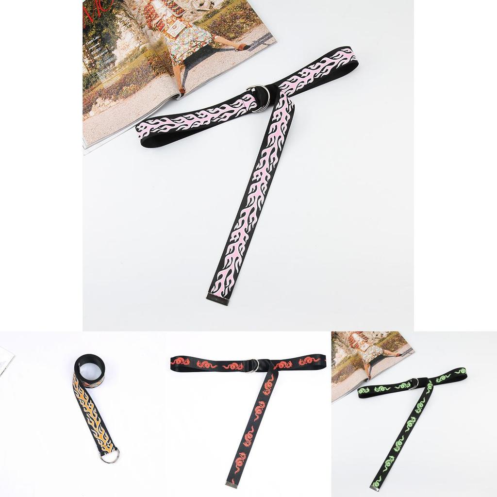 Fire Flame Embroidered Canvas Belt With Double Ring Closure For Fashionable Denim Outfits