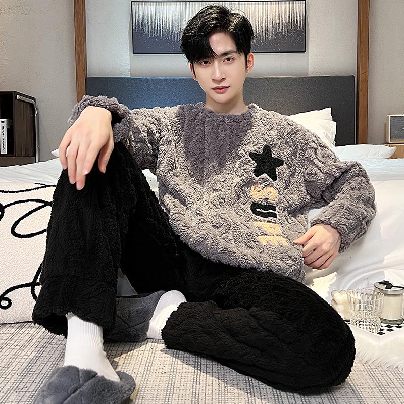 

Мужская осенне-зимняя пижама из кораллового флиса, теплая фланелевая домашняя одежда из плотного плюша, костюм большого размера XL (120-140 lbs)