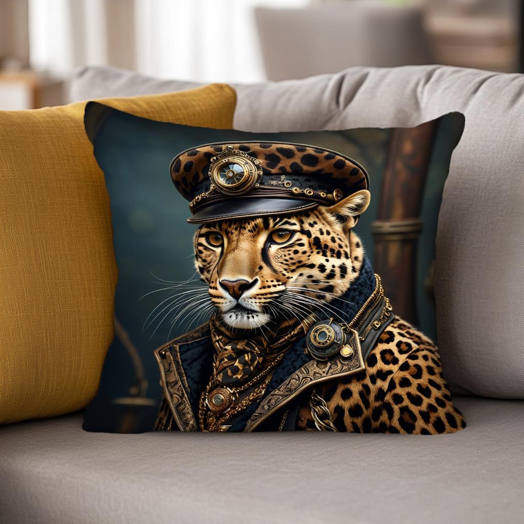 2D Flat- Steampunk Leopard Captain Throw Pillow Cover Luxury Vintage Animal Decorative Pillowcase For Sofa Bedroom Living Room