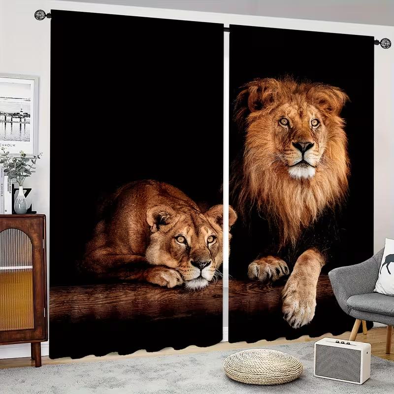 2PC Lion & Lioness Curtains - Majestic Wildlife Print Window Drapes for Living Room Bedroom Decor