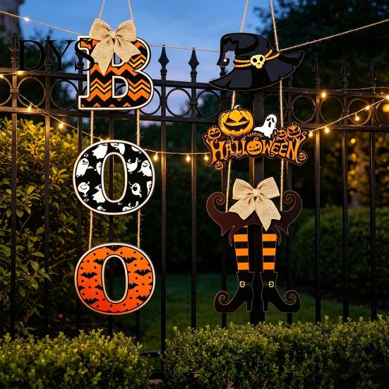 Unique Haunted House Ornaments 2 Pcs Halloween Sign Decoration, Boo Witch Leg Hat Hanging Wooden Creative Festival Scene Setters Wall Sign,