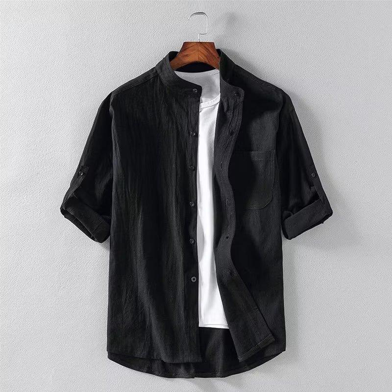 

Men s Linen Blend Stand Collar Shirt Casual Roll Up Sleeve Pocket Detail Streetwear Top M чёрный