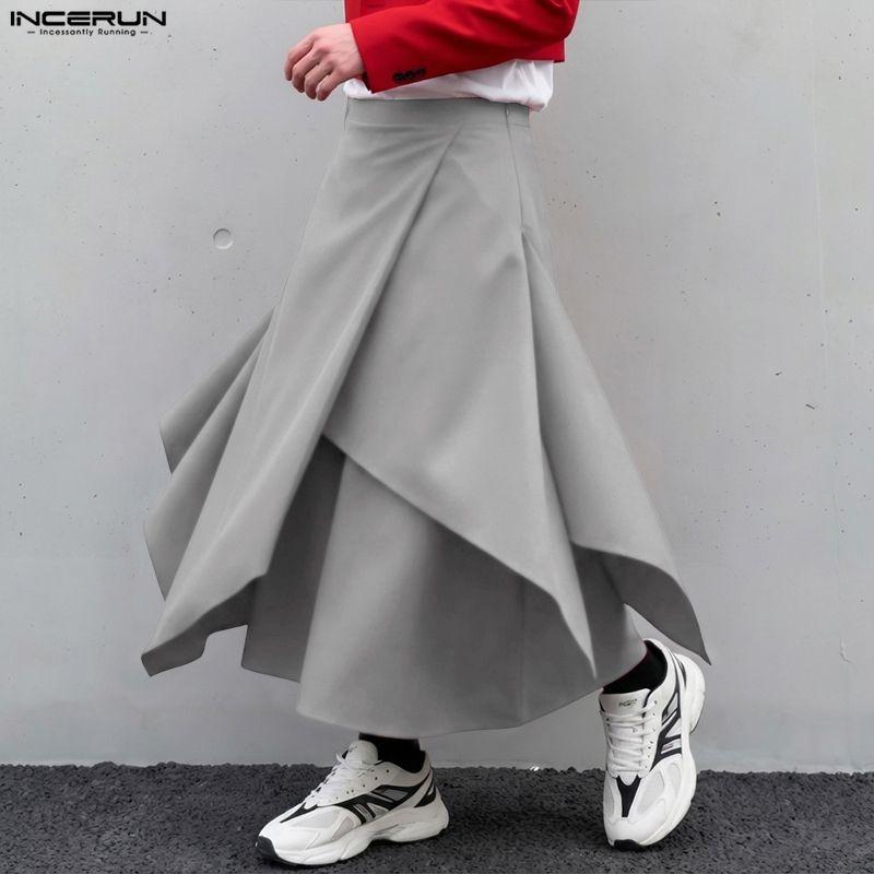 INCERUN Men Elastic Waist Irregular Pleated Gothic Skirt  Culottes