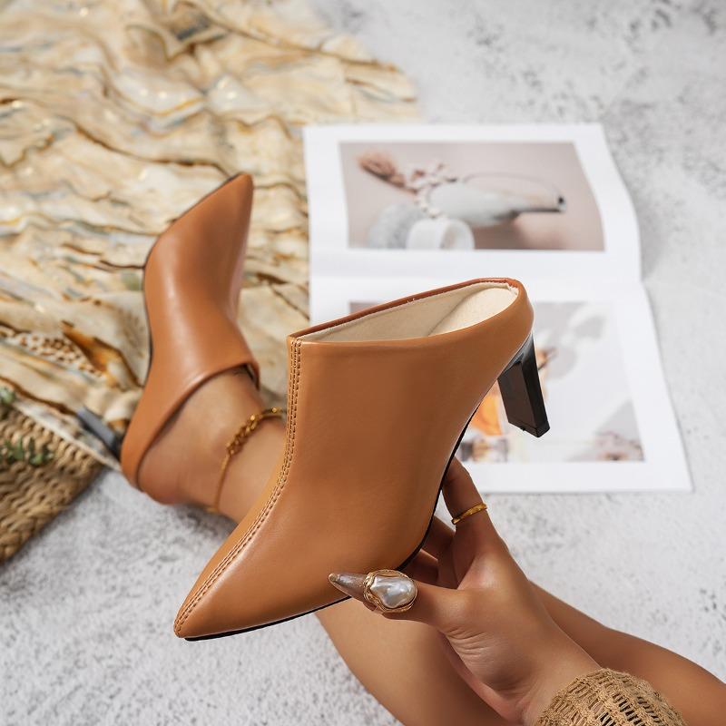 

Baotou High Heels Slippers Summer New Sharp Head Deep Mouth Set Foot Anti-slip Wear-resistant Square Heel Shoes 42 светло-коричневого