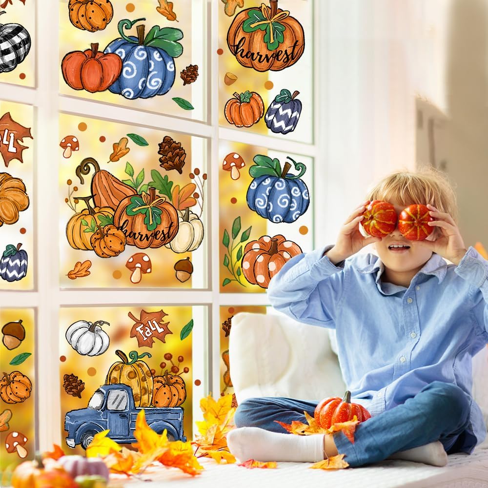 DIYDEC 6 Sheets Fall Window Clings Double-Sided Window Stickers with Orange Maple Leaves Pumpk Blue Truck Thanksgiving Window Decals for Autumn Home
