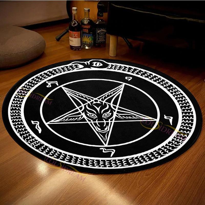 Personalized Carpet Round Carpet Satanic Cat Goat Impaled Throne Area Atheist Carpet Black Cushion Living Room Home Decor