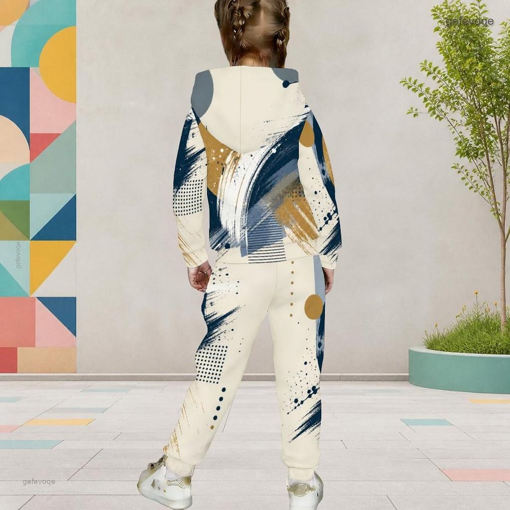 Girls Striped Printed Hooded Long Sleeve Kangaroo Pocket Top Cuffed Pants Two Piece Set
