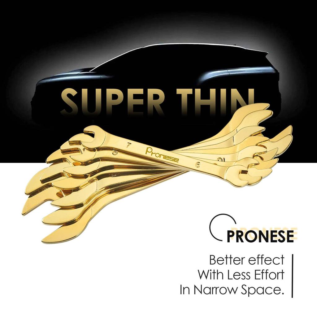 Pronese Wrench 3mm Mirror Made by Wide Range of Sizes Ultra-Thin Set, Thin, Gold-Colored, 7-Piece Set, Double-Ended, Thick, Finish, 6-19mm, CRV,
