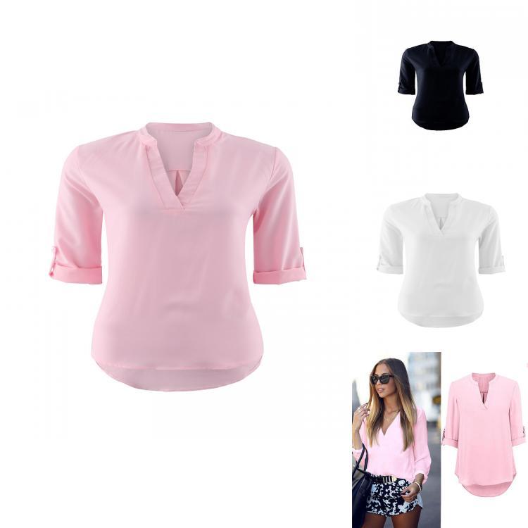 Polyester V Neck Button Front Womens Casual Shirt For Office And Spring Wear