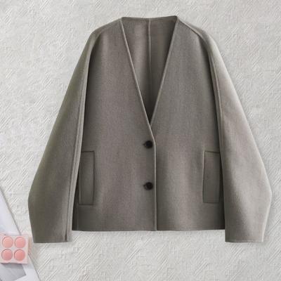 Yousheng Fall Spring Women Jacket Loose V Neck Pockets Double Button Closure Warm Loose Woolen Coat Mid Length Shopping Commuting Outwear