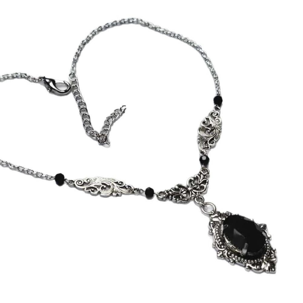 Gothic Victoria Sliver Color Rose Lacework Black Crystal Pendant Necklace for Women Punk Witch Halloween Stainless Steel Jewelry