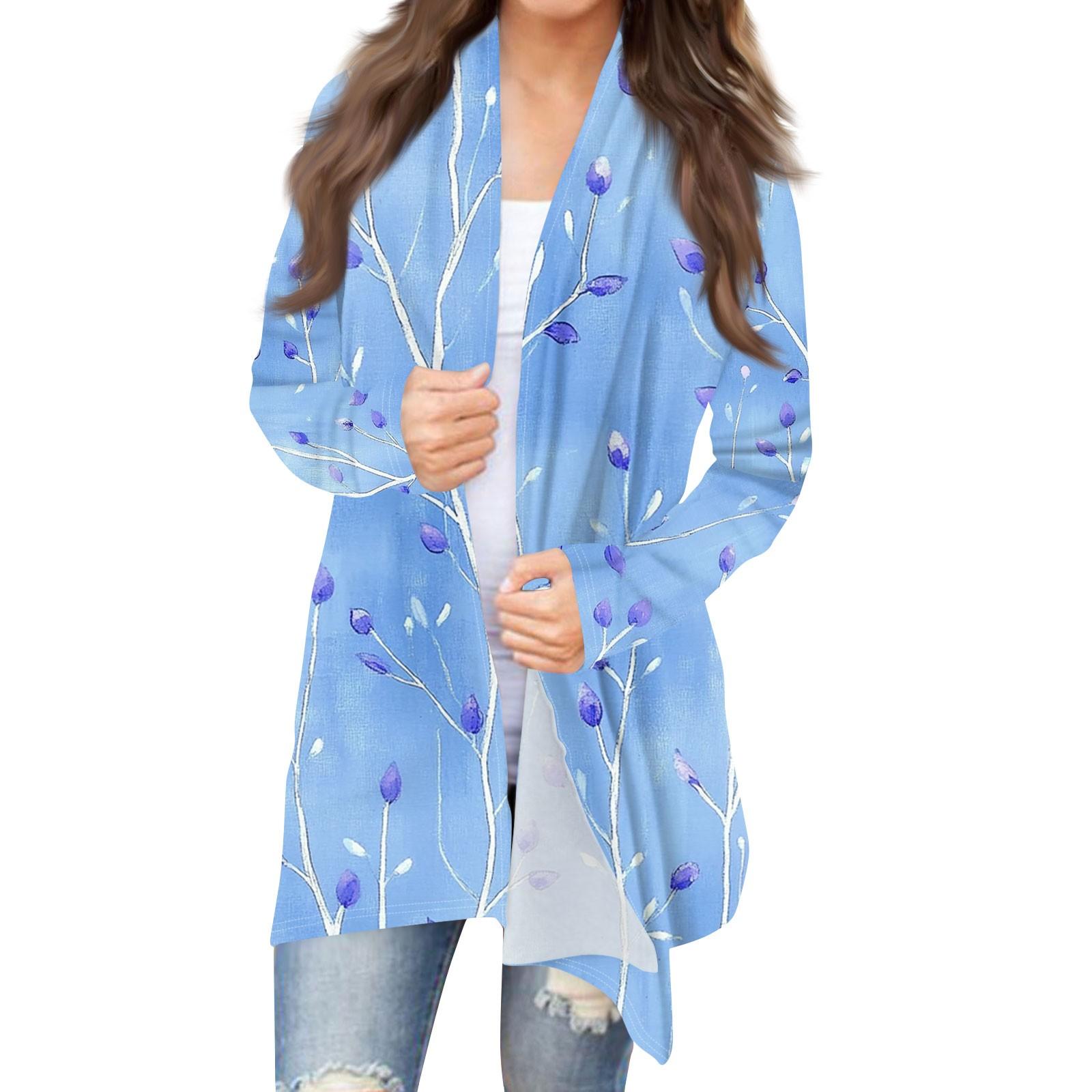 

Женская мода повседневная винтажная цветочная набивная куртка-кардиган средней длины XXXL небесно-голубой