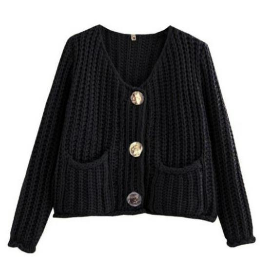 Women's 2024 European & American Knitted Sweater Jacket: 15 Colors, Autumn/Winter, Short Style with Large Pocket & Three Buttons