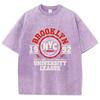 Womens Acid Wash T-Shirts Brooklyn University League Printing Tees Distressed Oversize Cotton Short Sleeve Trend Clothes