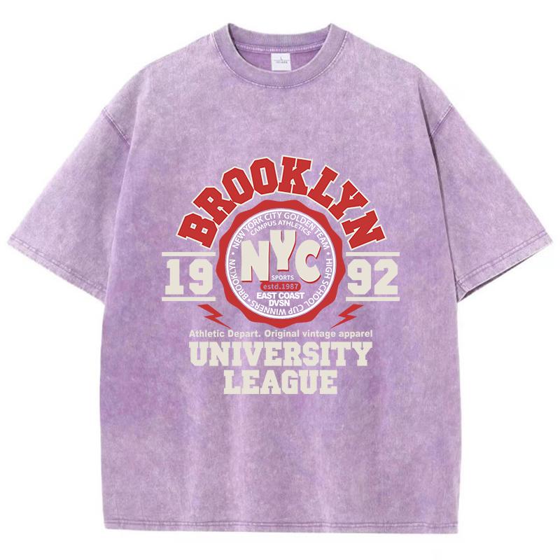 Womens Acid Wash T-Shirts Brooklyn University League Printing Tees Distressed Oversize Cotton Short Sleeve Trend Clothes