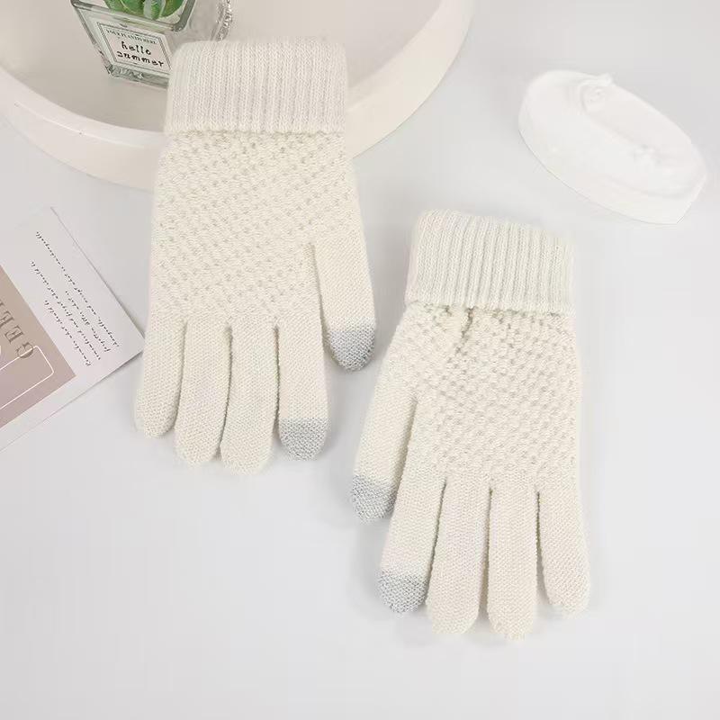 

Korean Style Winter Touchscreen Gloves - Plus Velvet, Thick, Solid Color, Warm, Cycling Protection, Plush Pineapple Pattern One Size білий