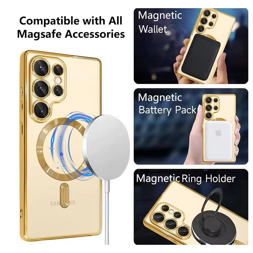 Mocne Magnetyczne Magsafe Przezroczyste Cienkie Etui Dla Samsunga Galaxy S25 S24 S23 S21 FE S22 Ultra Plus Luksusowe Platerowane Silikonowe Miękkie Etui