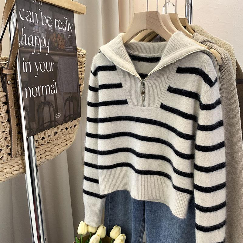 Zipper Striped Sweater Women's Autumn and Winter Wear Lazy Style Design Sense Niche Knitted Sweater Top Thickened
