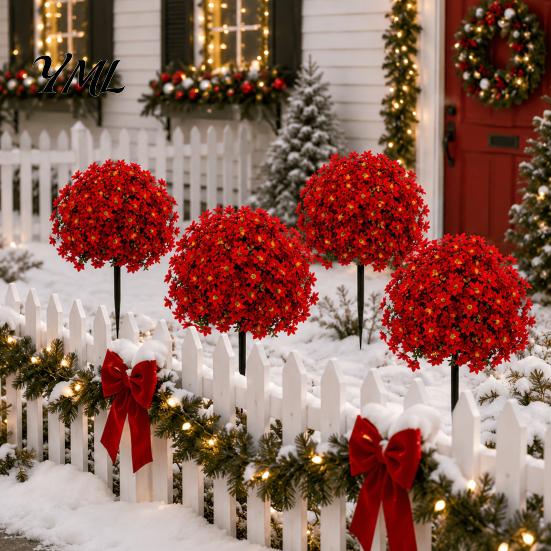 Decorative Faux Flowers for Dining Table Christmas Artificial Poinsettia Flower Topiary Tree, Fade Resistant Bush with Spike, Realistic Vivid