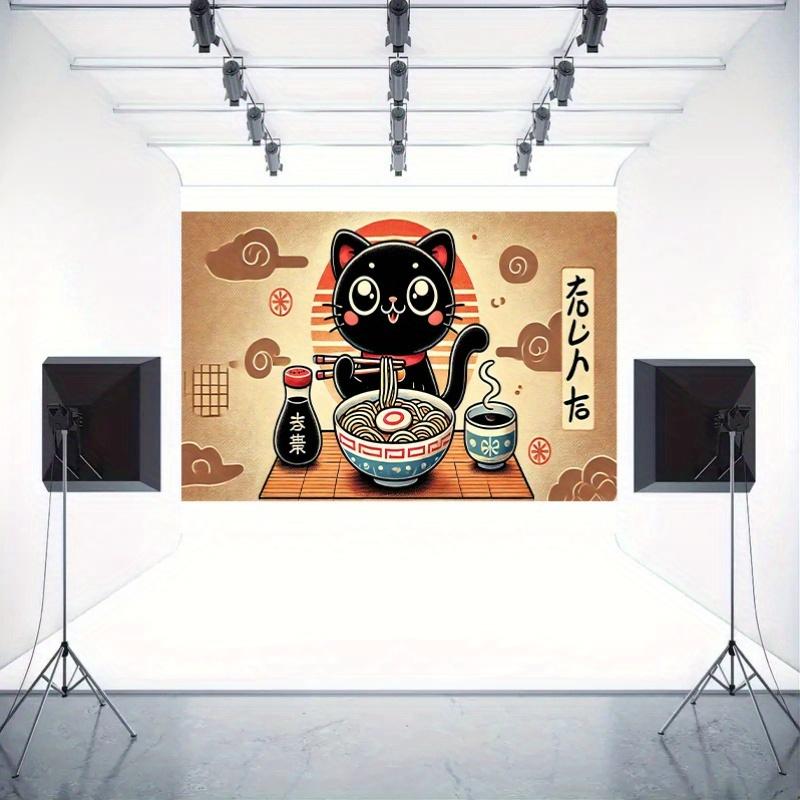 2D Plane Background Fabric of a Cute Cat Eating Ramen Multi-purpose Indoor/outdoor Celebration Polyester Fiber
