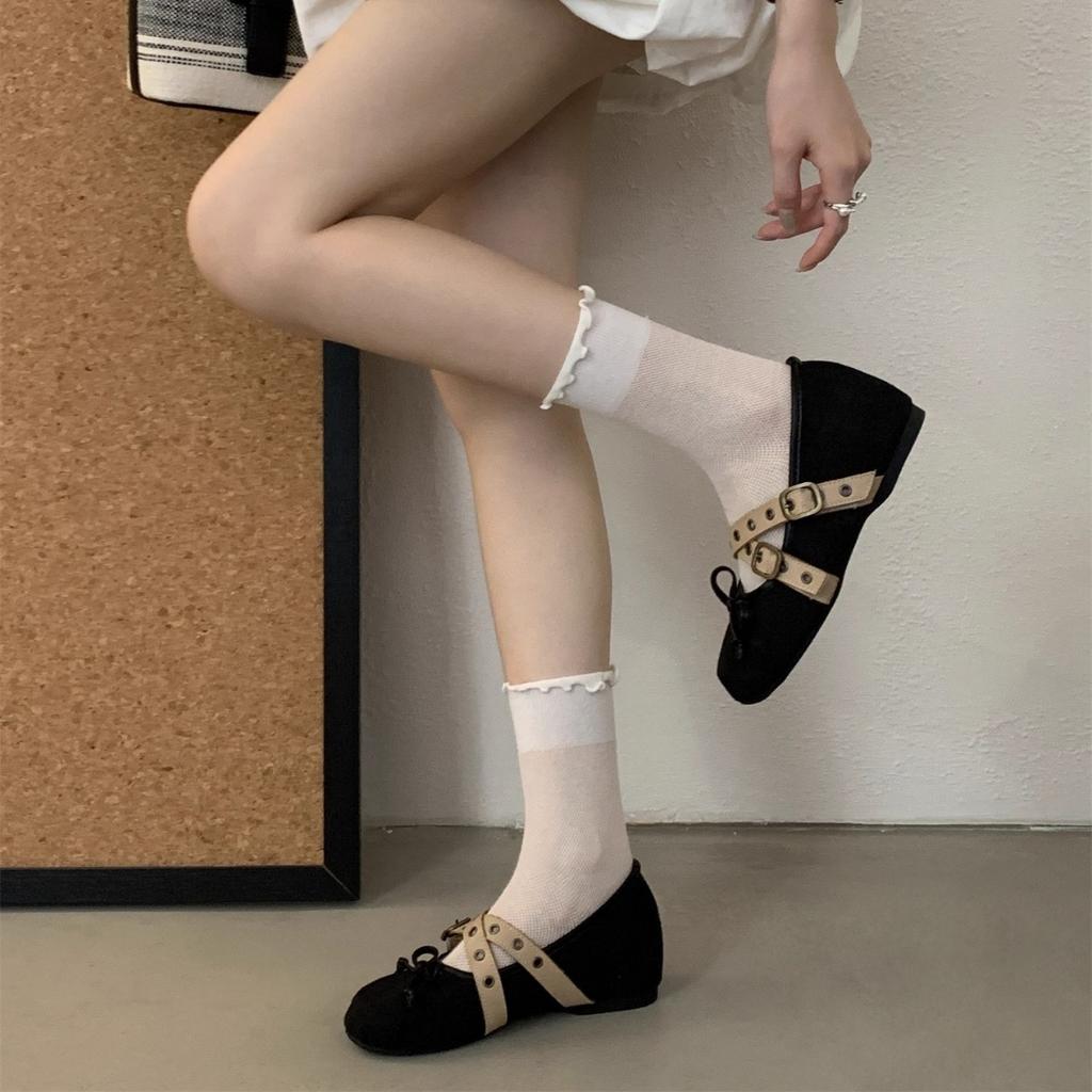 Inner Height Increasing 3CM Cross Belt Buckle Ballet Shoes Women's Flat 2025 Mary Jane Shoes Bow Single Shoes Women's