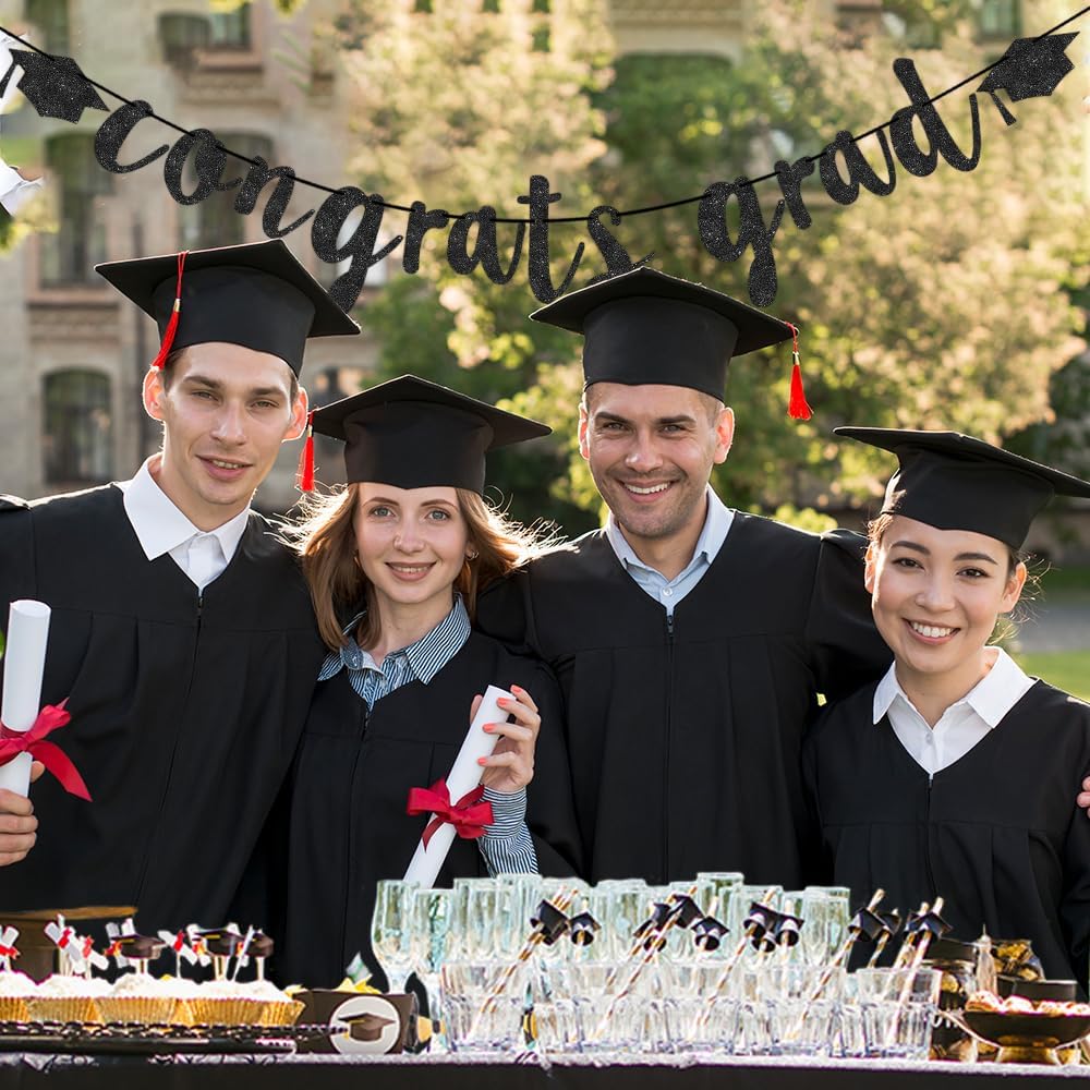 Congratulations Graduation Decorations Class of 2025, Pre-strung Black Glitter Congrats Grad Banner, Grad Party Senior College High School Classroom