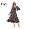 Women Dress Long Sleeves Flower Print A-line Square Neck Midi Casual Elastic Bust Backless Patchwork Hem Pleated Spring Fall Chiffon Outfit