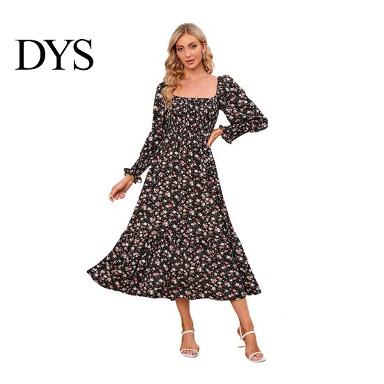 Women Dress Long Sleeves Flower Print A-line Square Neck Midi Casual Elastic Bust Backless Patchwork Hem Pleated Spring Fall Chiffon Outfit