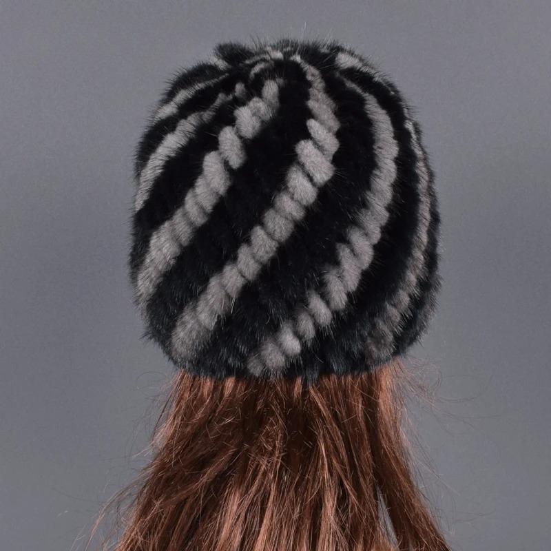 Real Natural Mink Hats for Women Winter Knitting Ear Warm Two-color Match Cap Cross-weave With New Fashion fur hat