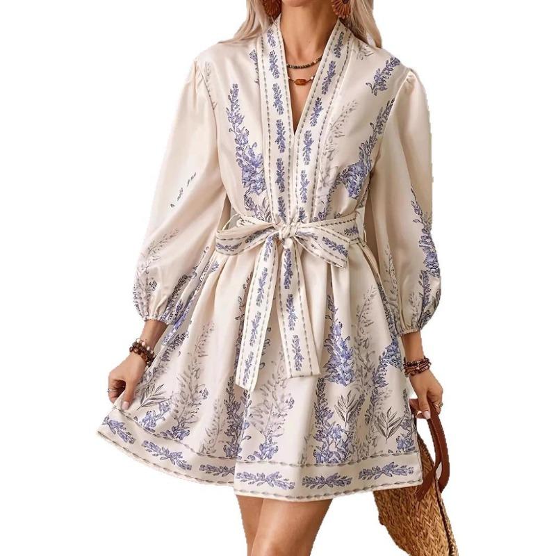 V-neck Fashion Print Waist Long Sleeve Dress for Women