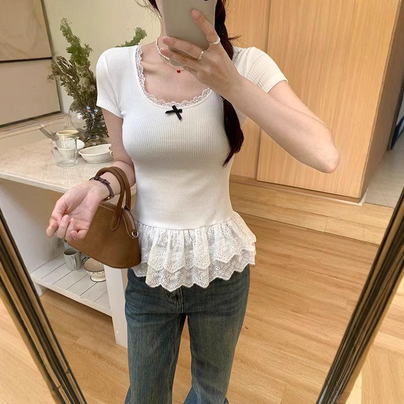 White Lace Trim Ballet Style Summer T-Shirt - Women's Slimming Short Sleeve Top
