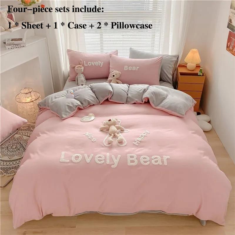 Milk Velvet Bed Four-piece Bed Single Suitbed Bedding Small Bear Model Princess Style Home Bedding