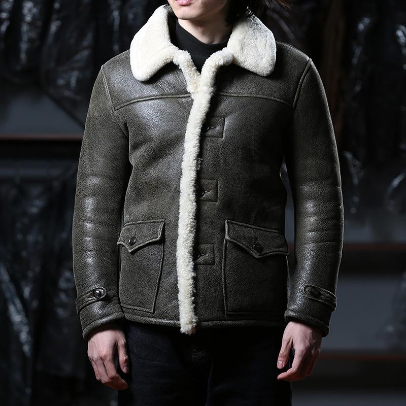 Casual Large Button Lapel Sheepskin Fur Integrated Leather Jacket Men's Push Crack Fur Jacket