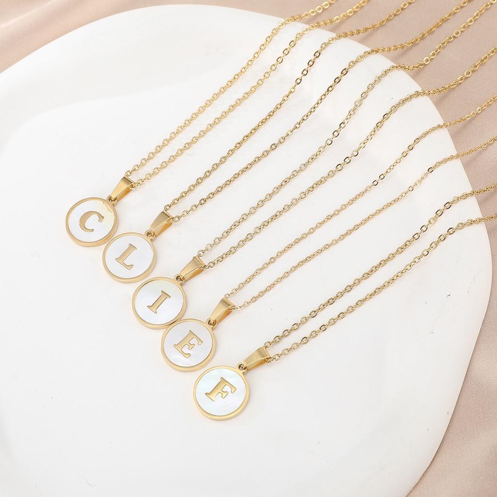 Trendy Stainless Steel Shell Letter Necklace Round Titanium Steel Pendant Necklace With English Alphabet Letters For Women