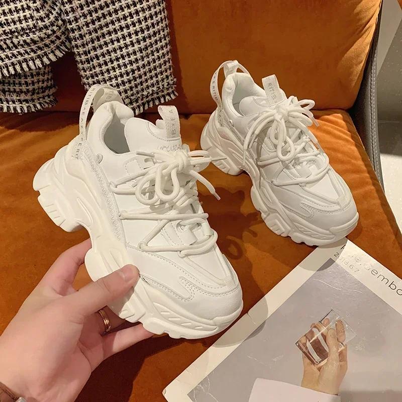 Fashion New Chunky Women's Sneakers Internal Increase Leather Casual White Ladies Shoes Trainer Platform Sneaker Womens Zapatillas Mujer