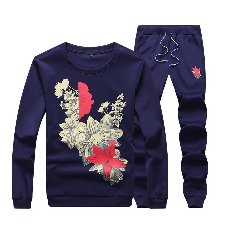 Autumn Men's Sportswear Set Pants Flower Printed Pullover Male Tracksuits