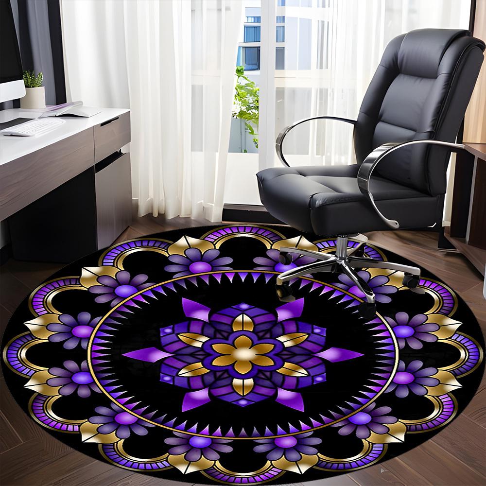 1pc Purple Floral Mandala Carpet, Round Non Slip Durable Large Size Office Carpet, Suitable for Office