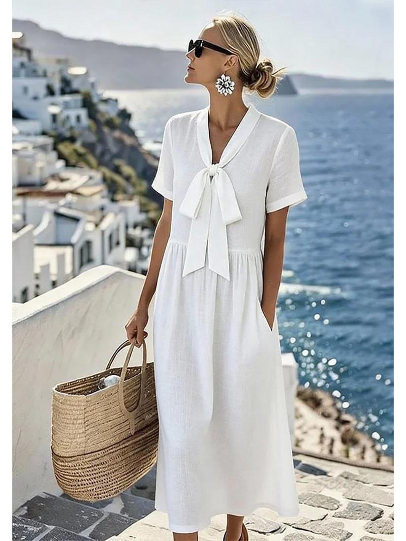 

2026 European Summer French V-neck Long Dress: Solid Color & Elegant Style for Women 3XL белый