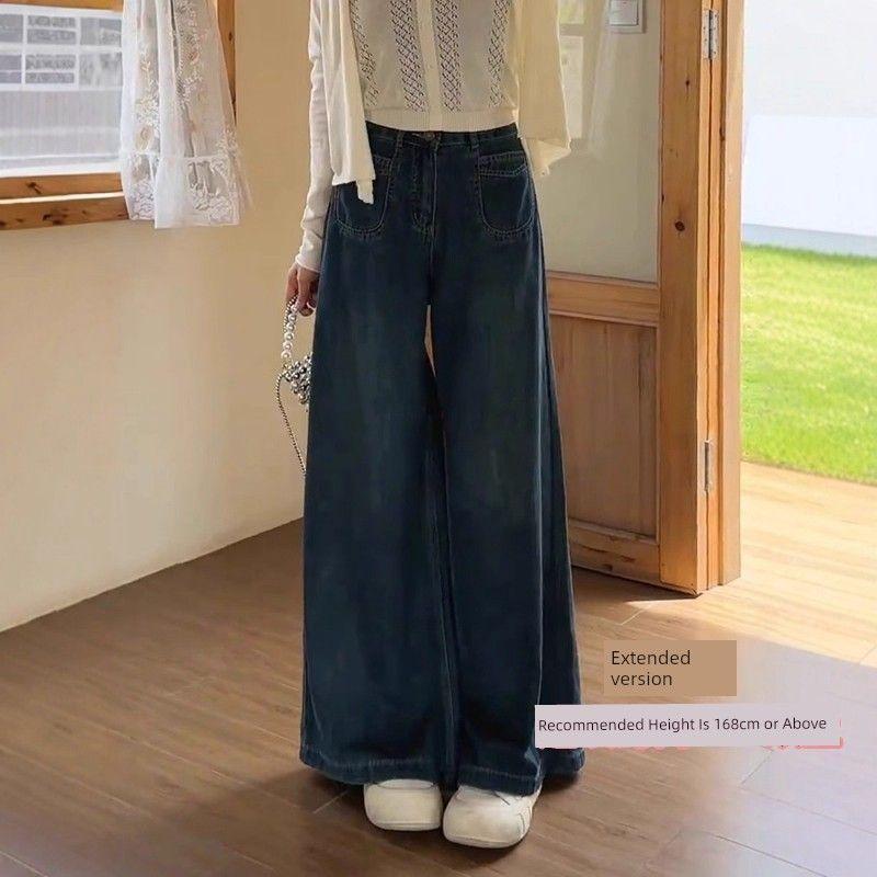

White Jeans for Women, New Spring Style, Plus Size for Chubby Girls, Pear-Shaped Body, High-Waisted, Slimming, Loose Wide-Leg Pants Deep Blue (Extended Length) M