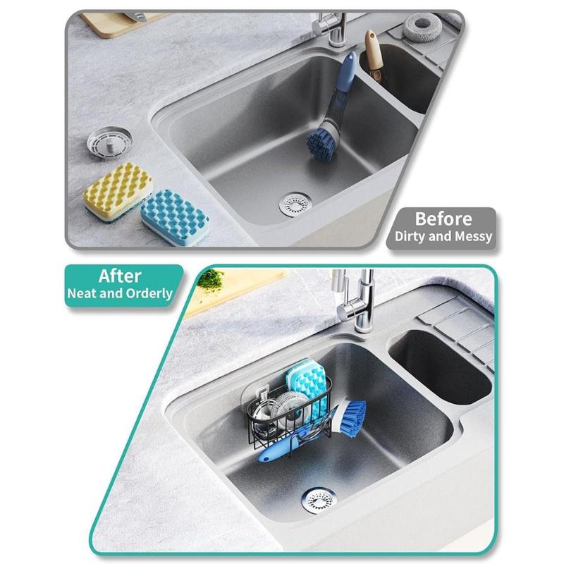 Suction Cups Sponge Drainer Rack Hollowed With Hook Stainless Steel Sponge Holder Fast Drainage Easy-To-Clean Sink Sponge Stand