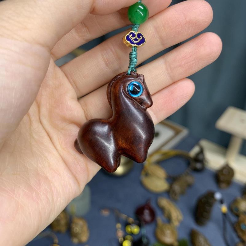 Rainbow Painted Zodiac Horse Pendant Keychain - Wood Carving Tang Horse with Coin Design