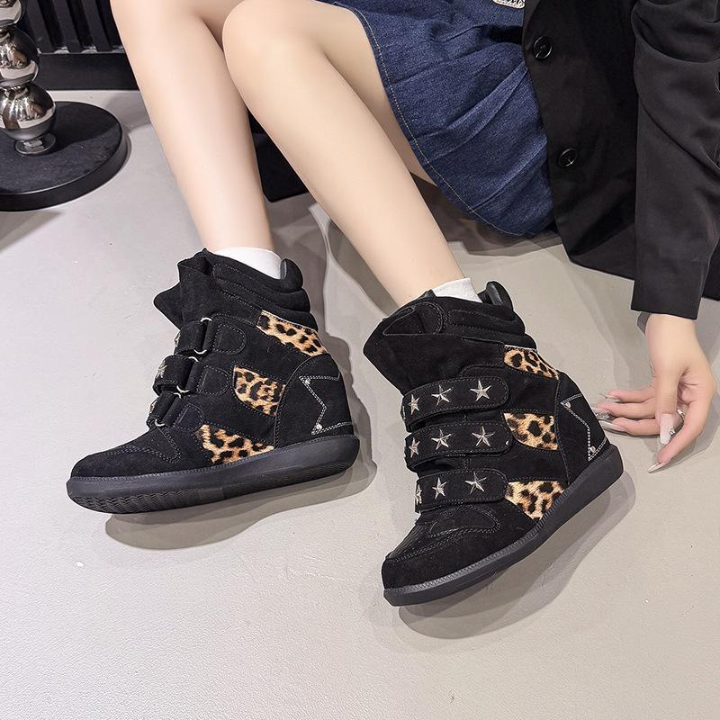 Spring and Autumn Heel Inner Height Increasing Short Boots Velcro High Top Boots Spice Girls Retro Casual Shoes Women