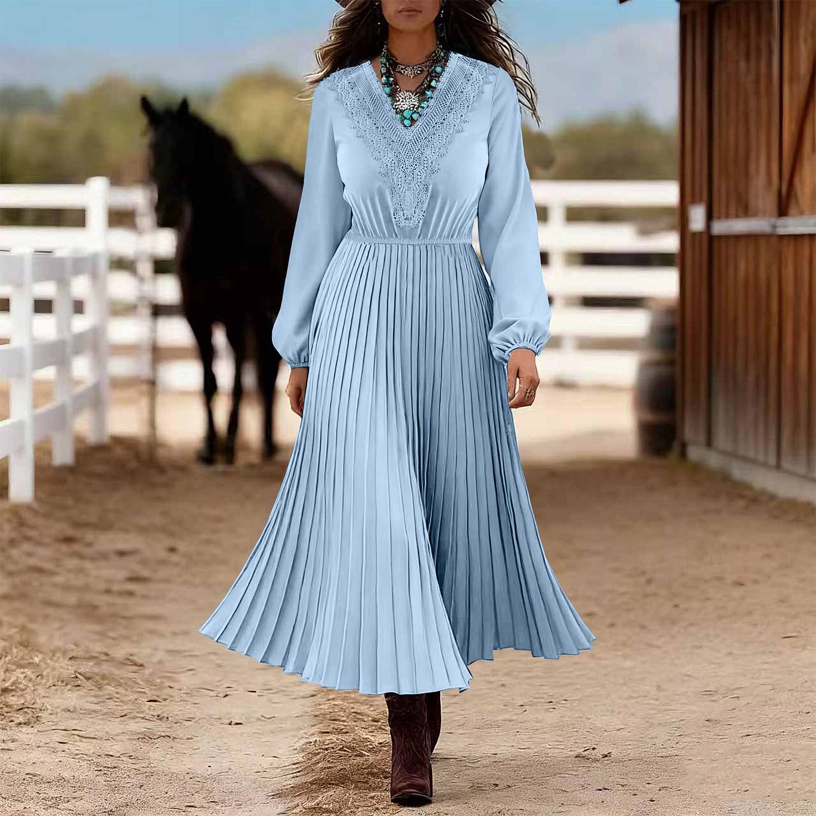 

Women s Casual Color V-Neck Lace Waist Cinched Pleated Long Skirt Long Skirt XL
