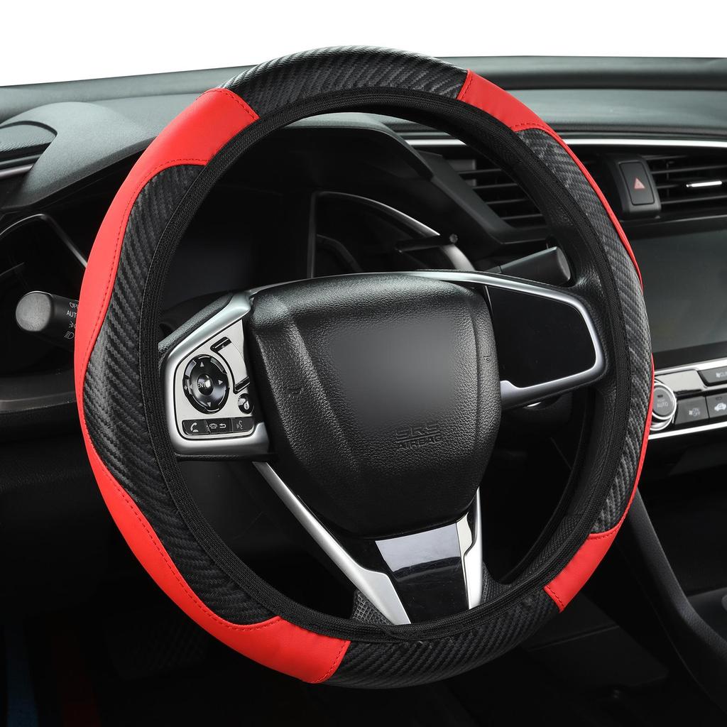 Women's Carbon Fiber Leather Steering Wheel Cover, Wear-Resistant and Comfortable Fit for 14.5-15 Inch Wheels