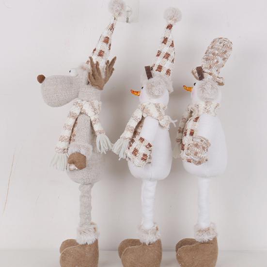 Christmas Snowman Doll Decoration Retractable Long Legs Handmade Knitted Scarf Plush Earmuff Xmas Desktop Elk Ornament Holiday Festive Gift