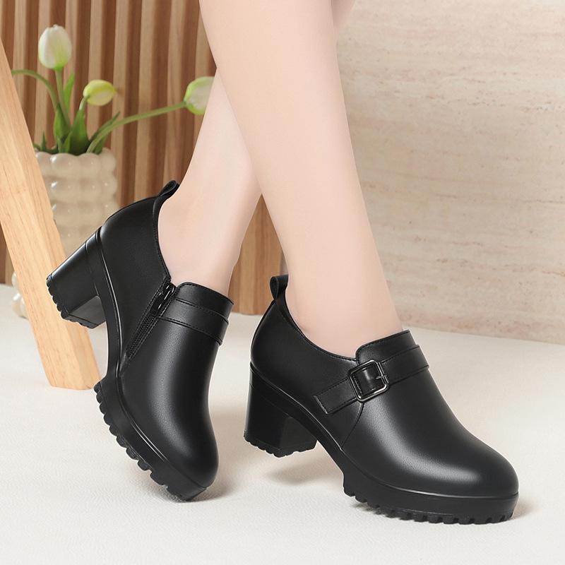 6cm 8cm Fashion Breathable Comfortable Soft Leather Shoes Woman Block Heels  Fall Thick Platform Shoes for Office Work Mom