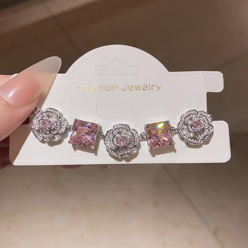 Flower Cluster Princess Pink Rose Small Sugar Cube Zircon Ring Earrings Necklace Set Light Luxury High-end Jewelry