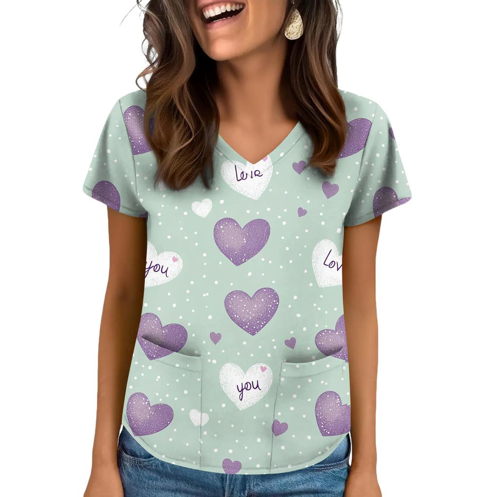 Women's V-neck Valentine's Day Printed Short-sleeved Top With Pockets And Side Slits, Suitable For Caregivers.
